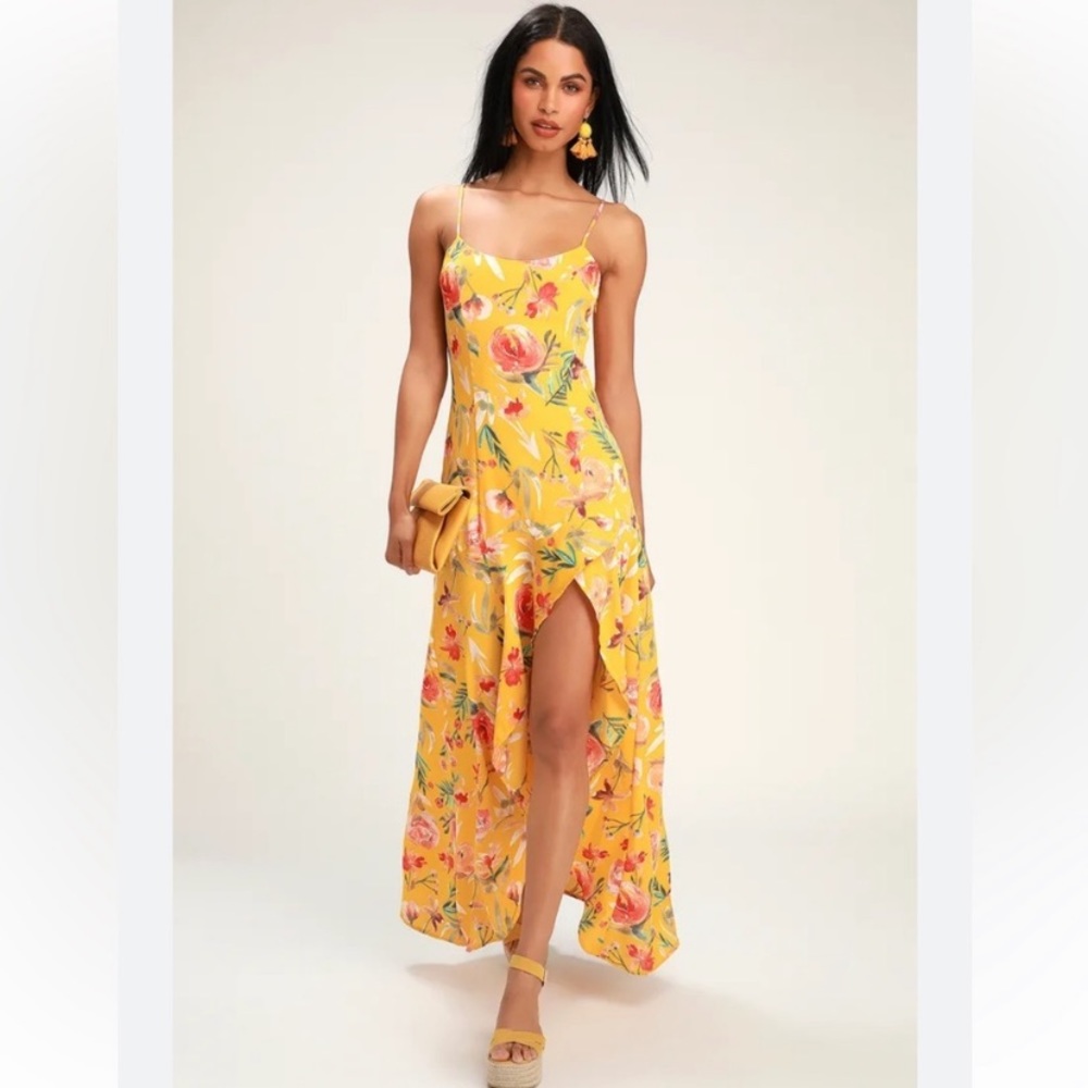 NWT Lulu’s Zinnia Mustard Yellow Floral Print High Low Maxi Dress Large